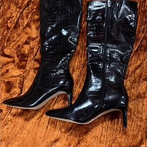 Elegant Black Croc-Embossed Knee-High Boots…NEW